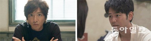 ‘히어로2’의 구리우 검사로 돌아온 기무라 다쿠야(왼쪽 사진)와 ‘젊은이들’에서 억척스러운 맏형 역할을 맡은 쓰마부키 사토시. 일본 후지TV 화면 촬영