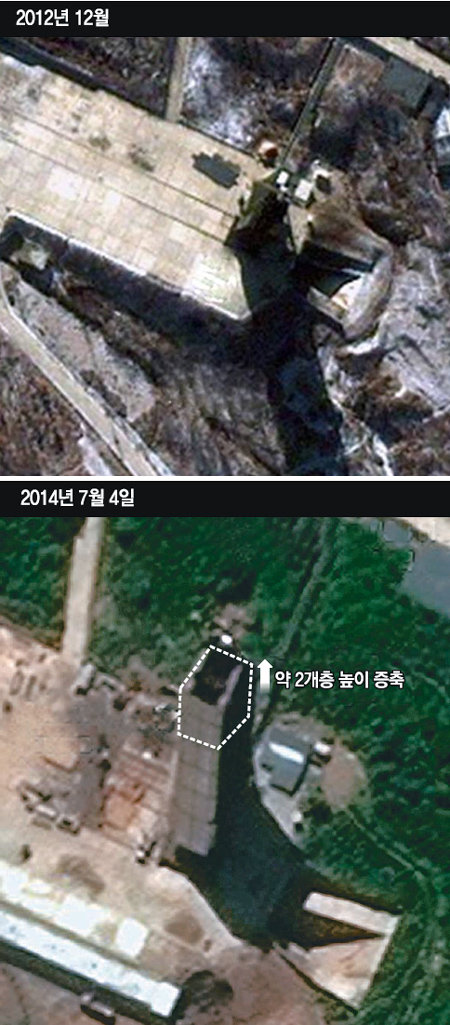 미국의 북한 전문 웹사이트인 38노스가 29일 평안북도 철산군 동창리 미사일 발사장 증축 공사 현장을 공개했다. 서해발사장 발사대의 2012년 12월(위)과 증축된 2014년 7월 모습(오른쪽). 사진 출처 38노스
