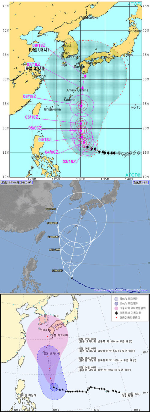 (위쪽부터) JTWC-일본 기상청-기상청