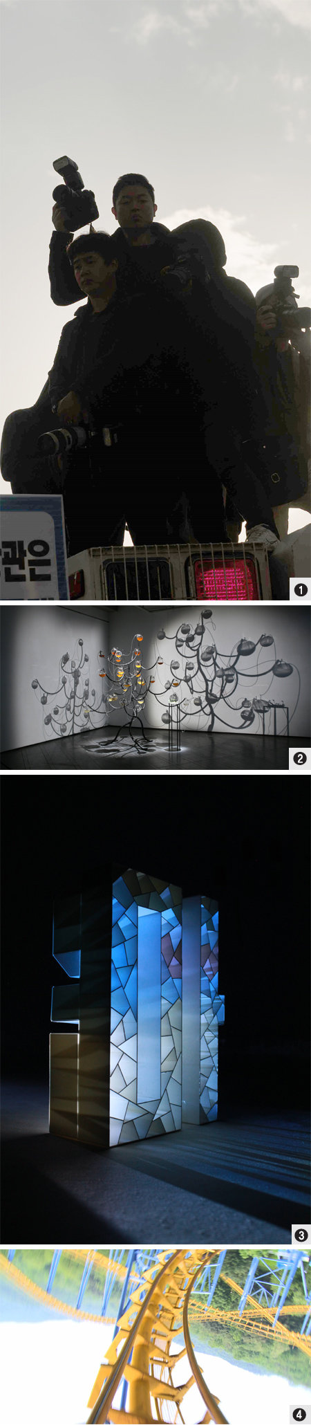 ① 노순택 씨의 ‘무능한 풍경의 젊은 뱀 #P-XIII050101’(2013년) ② 장지아 씨의 ‘P-트리’(2007년). 안내를 맡은 학예사는 작품에 가까이 다가가기를 꺼렸다. 까닭은 제목에 감춰져 있다. ③ 김신일 씨의 ‘마음, 믿음, 이념’ 설치작품 중 ‘마음’ 일부. 투명 플라스틱 조형물에 시시각각 다른 색의 조명을 비춘다. ④ 구동희 씨의 ‘재생길’. 건축가와 구조전문가가 실물 설계와 설치를 도왔다. 국립현대미술관 제공