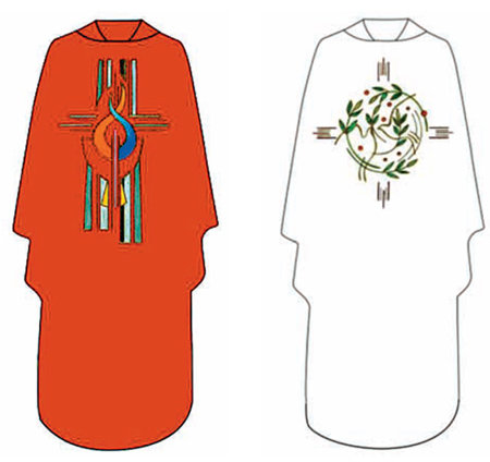 14일 방한하는 프란치스코 교황이 입을 붉은색 시복미사 제의(왼쪽)와 평화와 화해를 위한 미사에서 사용될 흰색 제의. 교황방한준비위원회 제공