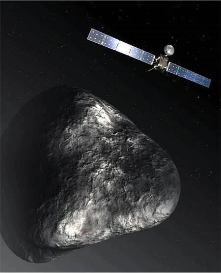6년에 한 번씩 지구에 출현하는 ‘67P/추류코프-게라시멘코 혜성’에 접근하는 유럽우주국의 혜성탐사위성 로제타의 상상도. 유럽우주국(ESA) 제공