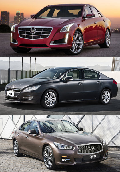 수입차 브랜드들이 현금 주유비 지원과 가격 할인, 특별 금융프로모션 등을 통해 치열한 판촉 경쟁을 펼치고 있다. 파격적인 할인 및 할부 프로그램을 선보이고 있는 캐딜락 CTS, 푸조 508, 인피니티 Q50(위쪽부터). 스포츠동아DB