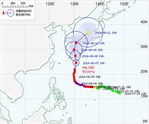 ‘제11호 태풍 할롱 북상 경로’
