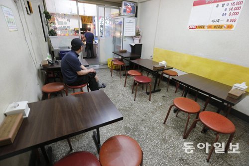 손님이 없어 텅 빈 서울시내 한 식당에서 주인만 자리를 지키고 있다. 경기 침체가 이어지면서 상당수의 식당주들이 영업난을 호소하고 있다. 동아일보DB