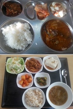 군대 식사(위)의 질은 과거보다 크게 개선됐다. 병사들도 양껏, 맛있게 먹었다. 그러나 우리나라의 1인당 국민소득을 고려할 때 아들을 군에 보낸 
부모 눈에는 미흡해 보인다. 아래는 한 중간 규모 기업의 구내식당 식사.