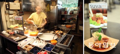 재래시장 티옹바루 2층 호커센터의 죽 전문점. 즉석에서 요리한다. (왼쪽 사진) 인도음식행사 ‘수바이’에서 맛본 ‘커리 립 피시’. (오른쪽 사진)