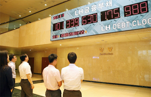 한국토지주택공사(LH)가 18일 경기 성남시 분당구 돌마로 본사 1층에 설치한 ‘부채시계’. 매일 변동되는 부채 현황을 보여준다. LH 제공