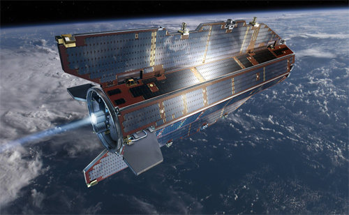 유럽우주국이 2009년 발사한 지구중력장 탐사위성(GOCE). 최첨단 이온엔진에 의지해 지상 250km 궤도를 돌며 3년여 간 임무를 수행했다. 유럽우주국 제공