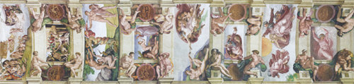 바티칸 시스티나 성당의 천장 프레스코화. 가로 40.5m, 세로 14m 규모이며 미켈란젤로가 1512년 완성했다. 실제로 마주해 구석구석 뜯어보면 그리는 데 단 4년이 걸렸다는 사실을 믿기 어렵다. 창세기를 중심으로 구약성경 이야기와 인물을 표현했다. 시그마북스 제공
