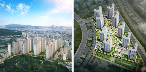 부산 남구 대연동의 ‘대연 롯데캐슬 레전드’.(왼쪽)과 경북 경산시 중산지구의 ‘펜타힐즈 더샵’.