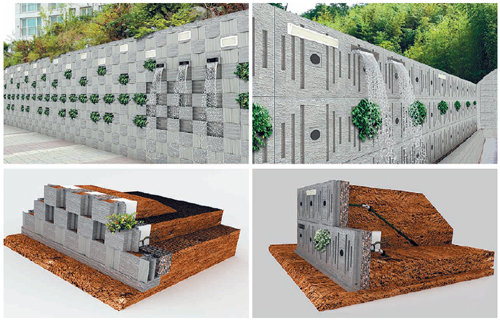 EGB 블럭식 식생옹벽(왼쪽)과 EGP 패널식 식생옹벽.