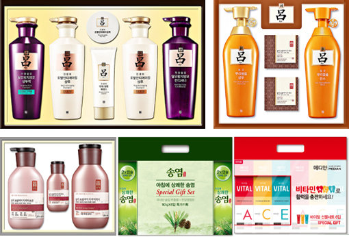 아모레퍼시픽의 생활용품 세트는 합리적인 가격대와 다양한 상품 구성으로 감사의 마음을 담아 전하는 추석선물로 안성맞춤이다. 려 토탈안티에이징 세트, 생활용품 단장2호, 메디안바이탈세트, 아침에 상쾌한 송염치약 세트, 일리 바디케어 세트(위쪽 왼쪽부터 시계 방향). 사진제공｜아모레퍼시픽