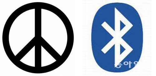 평화의 상징: 1950년대 영국의 디자이너가 반핵운동을 위해 만들었다. 사람이 양팔을 내린 모양새(왼쪽). 블루투스: 10세기 통일에 힘쓴 덴마크 왕 해럴드 블루투스의 약어 HB를 북유럽 고대 문자로 표현했다.