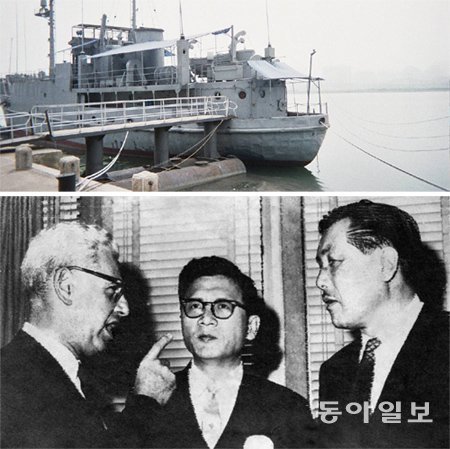 1968년 1월 23일 나포돼 대동강변에 전시 중인 미국 정보선 푸에블로호
(위 사진). 사건 직후 김용식 당시 유엔 대표부대사와 미국의 아서 골드
버그 유엔 대사가 만나 심각한 표정으로 의견을 주고받고 있다. 동아일보DB