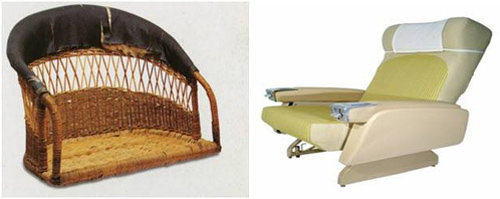 1919년 로손 항공사의 비행기 좌석. 나무로 된 바구니 같은 의자가 창가에 줄지어 있었다(왼쪽 사진). 1950년대부터 비행기에 장착되기 시작한 알루미늄 프레임 좌석. 요즘 좌석과 비슷하다.