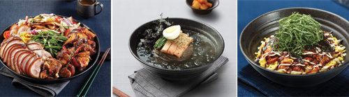 3가지 메뉴를 한번에 즐기는 ‘이쪽저쪽’(왼쪽사진). 동치미 막국수 (가운데 사진). 불족 마요 비빔밥