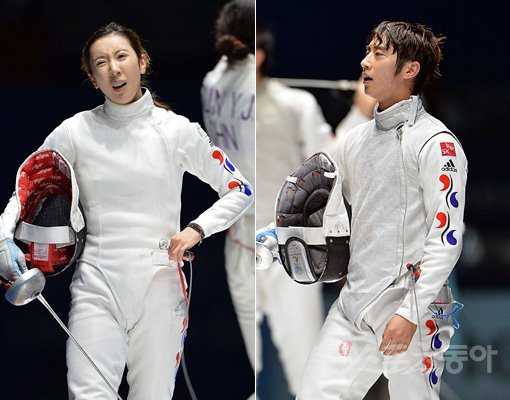 한국 펜싱의 신아람과 허준이 금메달을 눈앞에서 놓쳤다. 22일 고양체육관에서 열린 2014인천아시안게임 펜싱 여자 에뻬 결승에서 중국의 쑨위제에 패한 뒤 아쉬워하는 신아람(왼쪽)과 남자 플뢰레 결승에서 중국의 마젠페이에게 석패한 뒤 허탈해 하는 허준. 고양｜임민환 기자 minani84@donga.com 트위터 @minani84