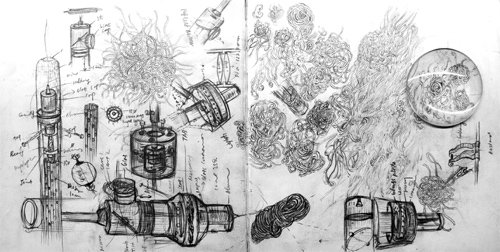 설치작품 ‘cascade(폭포)’의 구상 스케치. 복잡한 기계장치 설계도와 그로테스크한 문양 패턴 그림을 뒤섞은 모습이다. 김윤철 씨 제공