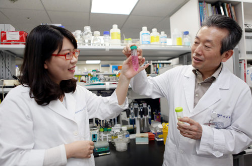 고려대 의대 예방의학교실에서는 화학물질의 유해성에 대한 연구가 활발하다. 이은일 예방의학교실 교수(오른쪽)가 연구원과 함께 실험결과를 확인하고있다. 고려대 의대 제공