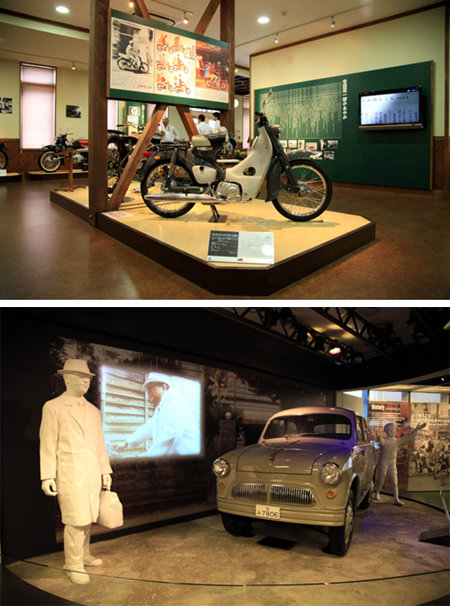 혼다가 1961년 출시한 슈퍼커브 C105.(왼쪽) 오토바이 모델로는 세계에서 가장 많이 팔린 것으로 혼다 소이치로 모노즈쿠리 전승관에 전시 중이다. 오른쪽은 스즈키 사가 1955년 출시한 최초의 자동차 ‘스즈키 라이트’.