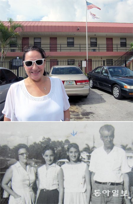 1962년 8월 ‘페드로판 작전’으로 미국 마이애미에 도착했던 카르멘 발디비아 씨가 올해 5월 자신이 머물던 플로리다시티 캠프를 다시 찾았다(위 사진). 카르멘과 언니 이사벨(아래 사진 왼쪽에서 두 번째, 세 번째)은 미국 정착 3년 만에 부모님을 만났고, 그제야 밝은 소녀의 모습을 찾을 수 있었다. 마이애미=김영식 기자 spear@donga.com