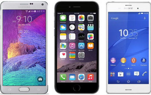 이달 말부터 10월 말까지 한국과 미국, 중국, 일본 등 각국 제조사에서 다양한 스마트폰 신제품을 한국 시장에 내놓고 경쟁을 벌일 전망이다. 26일 출시되는 삼성전자의 ‘갤럭시노트4’와 출시를 앞둔 애플의 ‘아이폰6’, 소니의 ‘엑스페리아Z3’(맨 왼쪽부터).