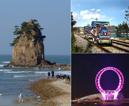 사랑하는 이들과 함께 떠나는 여행은 일상에 지친 심신에 활력을 불어넣어 준다. 서해안 최고의 일몰을 볼 수 있어 부부가 함께 떠나면 좋은 꽃지해변과 가족과 추억을 만들기 안성맞춤인 삼척 해양레일바이크, 친구와 함께 여수밤바다의 운치를 만끽할 수 있는 여수엑스포해양공원(맨왼쪽부터 시계방향으로). 사진제공｜한국관광공사