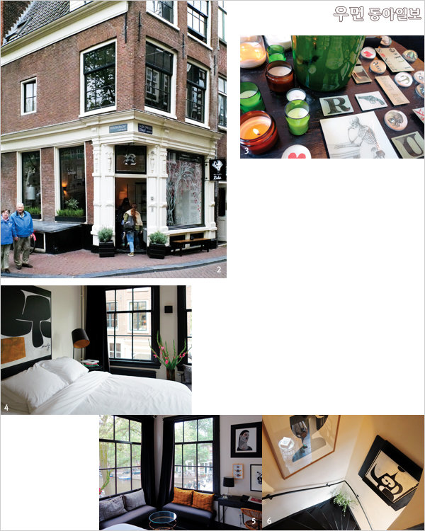 2 암스테르담에 위치한 게스트하우스 메종리카의 외관. 3 1층 룸에 진열된 다양한 오브제 컬렉션. 4 5 격자창이 감각적인 2층 게스트룸. 6 좁은 네덜란드 스타일 계단은 화이트 컬러 벽에 커다란 액자를 걸어 갤러리처럼 꾸몄다.