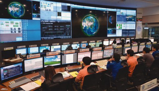 한국항공우주연구원 위성관제센터 
연구원들이 중앙관제실에서 우리나라 인공위성의 충돌 위험성을 확인하고 있다.