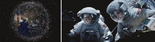 지구 주위를 뒤덮은 세계 각국 위성과 우주 쓰레기들(왼쪽). 영화 ‘그래비티’의 주인공들은 파괴된 인공위성에서 날아온 파편 때문에 우주 미아가 
된다.