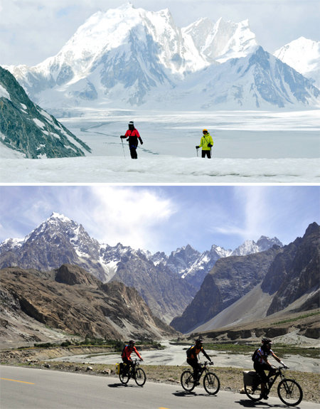 북파키스탄 훈자에서 아타바드 호수를 지나 파수로 라이딩하고 있는 대원들. 카라코람 히스파르 빙하는 눈과 얼음, 자갈밭이 뒤엉킨 험난한 고행길이다.