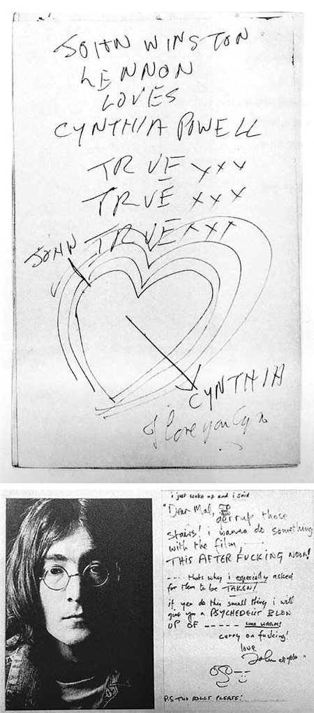 존 레넌이 1958년 애인 신시아 파월에게 보낸 크리스마스 카드(위쪽)와 1970년 로드 매니저 맬 에번스에게 심부름을 부탁한 편지. 파월은 1962년 레넌의 첫 부인이 됐다. 북폴리오 제공