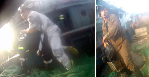10일 해경이 나포한 불법조업 중국 어선의 쑹모 선장(오른쪽)이 단속 당시 현장에 출동한 윤모 순경을 발로 폭행하고 있다(왼쪽 사진). 또 다른 중국 어선 선원은 단속 요원의 헬멧을 빼앗는 등 폭력적인 모습을 보였다(오른쪽 사진). 해양경찰청 제공