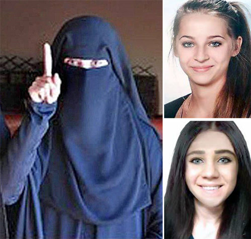 이슬람 전통 의상을 입고 눈만 드러낸 오스트리아 10대 소녀가 치켜든 오른손 검지(왼쪽 사진)는 알라 외에 신은 없다는 신앙 고백의 의미를 지닌다. 오른쪽 사진은 인터폴이 ‘실종자’라며 공개한 삼라 케시노비치 양(위)과 사비나 셀리모비치 양. 사진 출처 뉴욕포스트