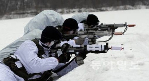 2014년 1월 8일 오전 강원 평창군 황병산에서 진행된 특전사 설한지 극복훈련에 참가한 장병들이 전술스키훈련을 하고 있다. 원대연기자 yeon72@donga.com