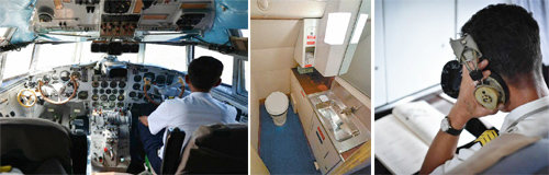 북한 고려항공의 IL-18 기종은 첨단 전자화된 대부분의 최신 기종과 달리 아날로그 방식의 계기판을 쓰고 있다(왼쪽 사진). 오른쪽은 깨끗하게 정돈된 기내 화장실의 모습(가운데 사진). 고려항공 비행기의 항법사가 조종석이 아닌 객실에 앉아 관제탑과 교신하는 모습. 사진 출처 비즈니스 인사이더 싱가포르 홈페이지