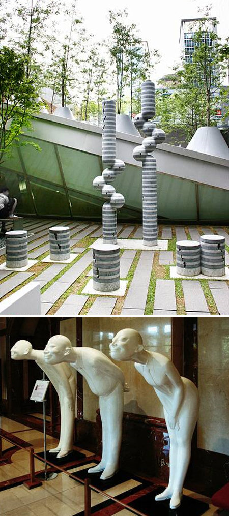 잘 관리된 공공 미술품은 도심 속의 활력소가 된다. 사진은 서울 강남구 역삼동 메리츠화재 본사 건물에 있는 박은선 작가의 ‘화합’이라는 조각품(위)과 서울 중구 태평로 서울파이낸스센터 안에 설치된 가오샤오우의 ‘STANDARD TIMES’(아래). 공공미술포털 제공