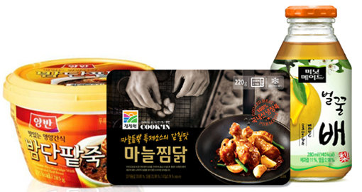 동원F&B ‘양반 밤단팥죽’, 청정원 ‘쿠킨 마늘찜닭’, 미닛메이드 ‘벌꿀배’.(왼쪽부터)
