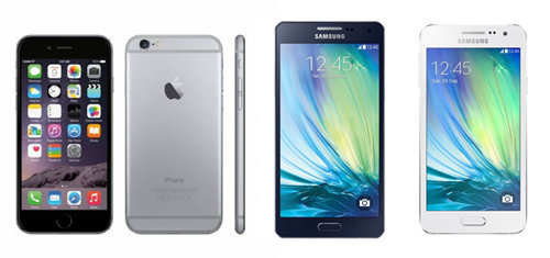 왼쪽부터 아이폰6, 삼성전자 갤럭시 A5-갤럭시 A3(사진 삼성전자 제공).