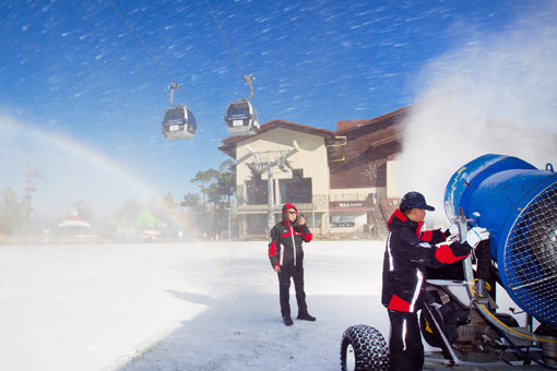 겨울시즌 개막을 앞두고 제설작업이 한창인 하이원 리조트 스키장. 사진제공｜하이원