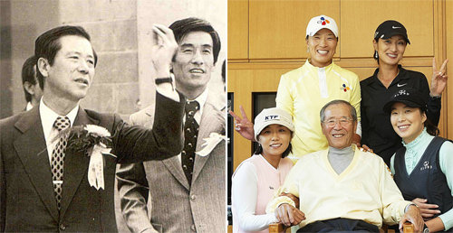 1978년 ㈜코오롱(현 코오롱인더스트리) 울산공장 준공식에 참석한 고 이동찬 코오롱그룹 명예회장(왼쪽 사진 왼쪽). 2006년 미국여자프로골프(LPGA)투어 ‘코오롱-하나은행 챔피언십’에서 이 명예회장(아래 가운데)이 박세리, 박지은, 안시현, 김미현 선수(오른쪽 사진 왼쪽 위부터 시계 방향으로)와 기념 촬영을 하고 있다. 코오롱그룹 제공