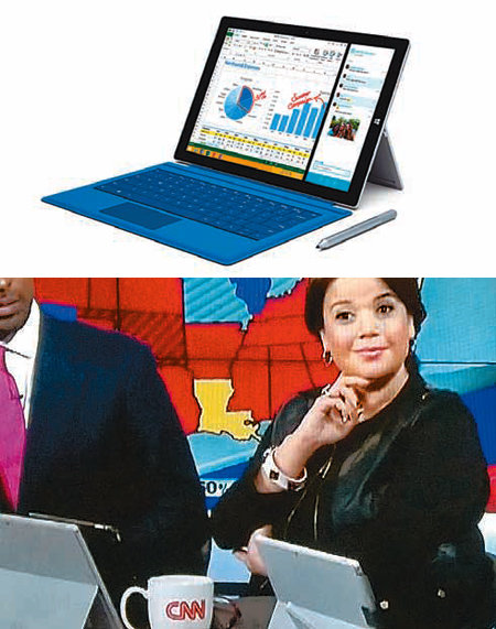 마이크로소프트가 최근 출시한 ‘서피스 프로3’(위 사진). 뉴스를 보거나 간단한 검색을 할 때는 태블릿처럼 이용하다가 키보드 
커버를 붙여 노트북으로도 쓸 수 있는 태블릿PC다. 최근 미국 CNN 뉴스쇼 앵커들이 방송에서 아이패드 받침대로 사용해 체면을 
구기기도 했다. 한국마이크로소프트 제공