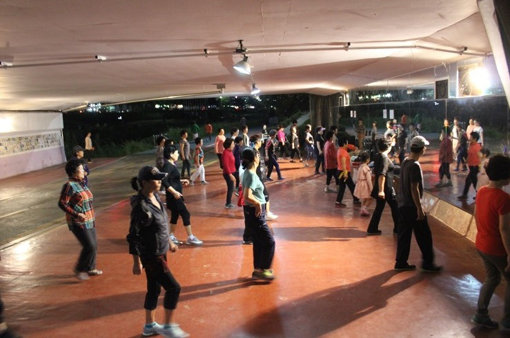 서울 은평구 불광천 와산교 밑에서 지역주민들이 강사의 춤 동작을 신나게 따라 하고 있다. 사진제공｜국민생활체육회