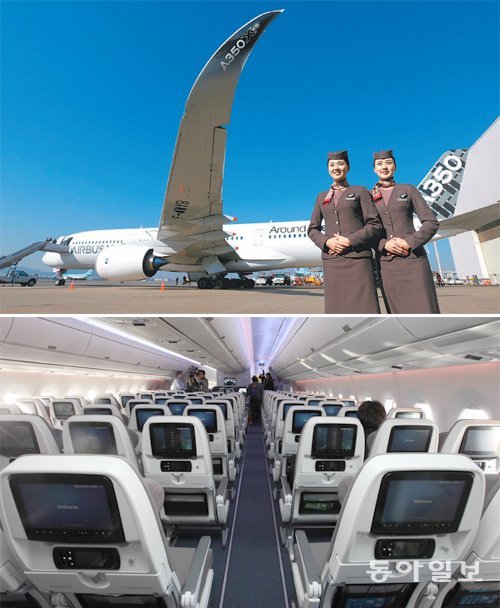 에어버스와 아시아나항공이 18일 서울 김포공항 아시아나항공 격납고 앞에서 에어버스의 최신 항공기 A350XWB를 국내에 처음 공개했다. 가벼운 신소재를 사용해 경쟁 기종보다 연료가 25% 정도 절감된다. 아래 사진은 고화질(HD) 화면이 달린 이코노미석의 모습. 장승윤 기자 tomato99@donga.com