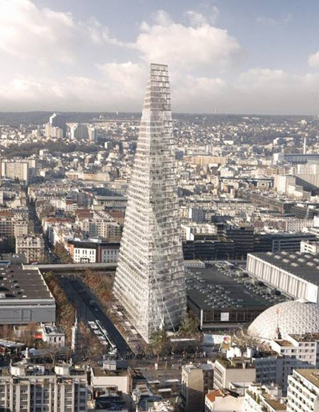 파리 시내에 건축을 추진 중인 43층 높이의 피라미드 모양 고층 빌딩의 상상도. 헤어초크 앤드 드 뫼롱 제공