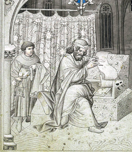 보헤미아 지방에서 15세기 초 발간된 ‘맨더빌 여행기’에 수록된 삽화. 저자인 존 맨더빌이 여행기를 쓰고 있는 모습이다. 하지만 맨더빌이 실존 인물인지, 실제로 이 책을 썼는지는 여전히 미궁이다. 오롯 제공