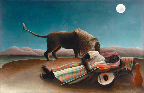 프랑스 화가 앙리 루소의 ‘잠자는 집시’(1897년 작). 사자가 곁에 있지만 잠에 빠진 여인의 얼굴은 평온하다. 꿈은 잠자는 동안 뇌가 만들어내는 이야기로, 통찰의 원천으로 여겨졌다고 저자는 설명한다. 해나무 제공