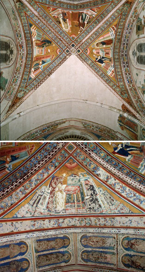1997년 지진으로 무너졌던 성 프란치스코 성당의 볼트(아치형 천장)에 벽화가 복원되기 전(위쪽 사진)과 복원된 뒤의 모습. 지진으로 벽화가 30만 개로 산산조각 났지만 25만 개를 재조립해 냈고 5만 개는 여전히 복원 중이다. 성 프란치스코 성당 제공