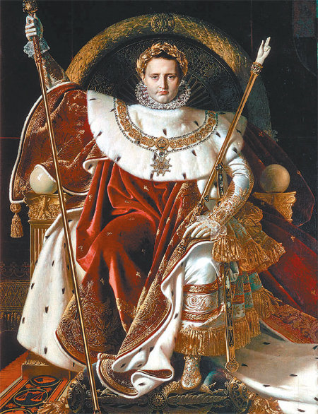 19세기 프랑스 고전주의 대표적 화가인 장 오귀스트 도미니크 앵그르의 작품 ‘황제의 권좌에 앉은 나폴레옹’(1806년). 나폴레옹의 지시를 받아 그린 이 그림은 당대의 살아있는 인물을 시공을 초월한 존재처럼 보이도록 했다. 하지만 나폴레옹을 지나치게 신격화한 이 그림은 평단의 혹평을 받았다. 을유문화사 제공